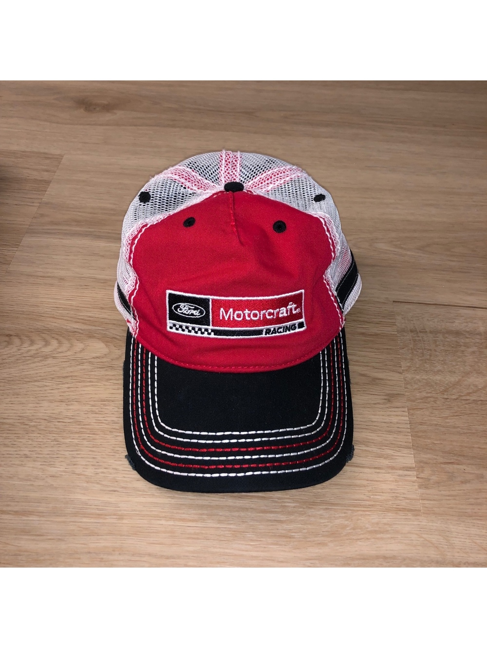 FORD MOTORCRAFT RACING MESH TRUCKER ADJUSTABLE SNAPBACK HAT RED BLACK WHITE